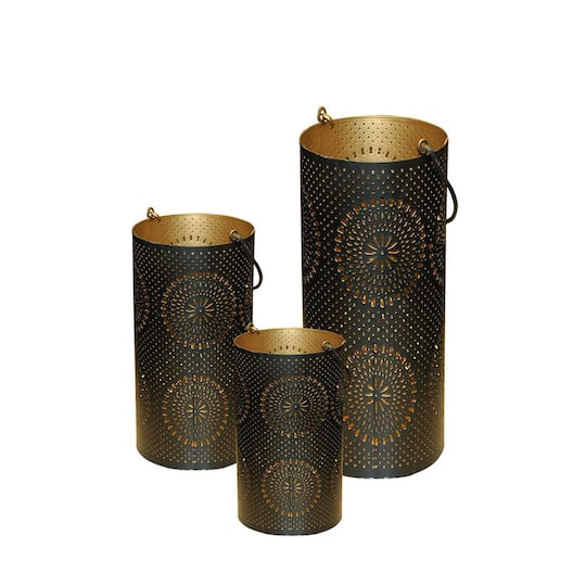 Black and Gold Floral Cut-Out Pillar Candle Lanterns Set